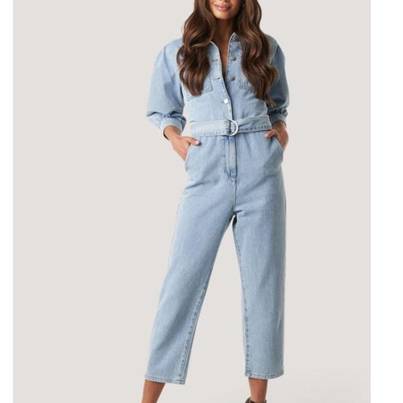 NA-KD NWT Cotton Denim Jean Belted Puff Sleeve Button Collard Denim Jumpsuit - Picture 2 of 11